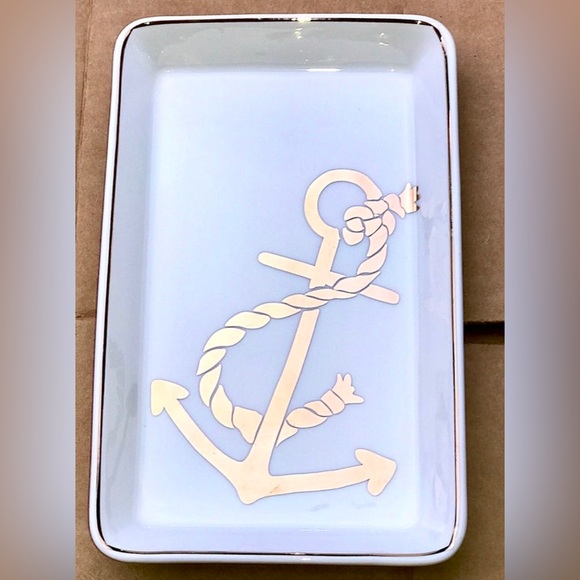 Vintage J. CREW Gold Trim White Porcelain Rope & Anchor Ceramic Trinket Key Dish - Picture 1 of 10